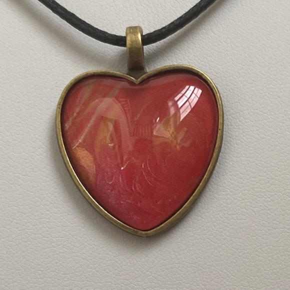 Handmade Heart Pendant Necklace Red and Gold Fluid Art Glass on Black Cord - Picture 5 of 12